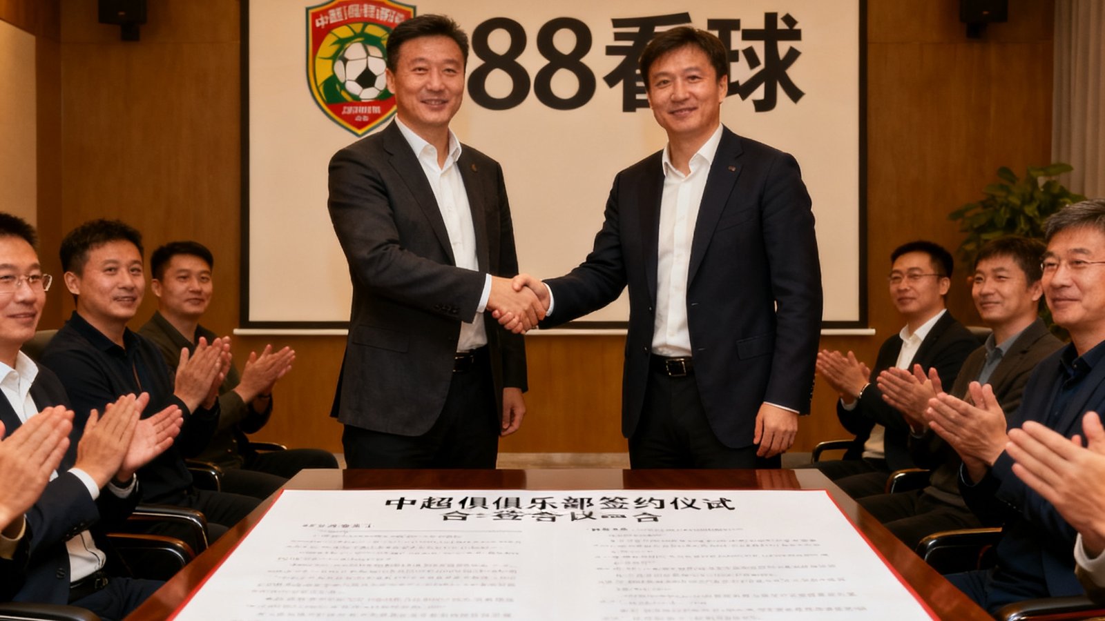 88看球与中超某俱乐部签约仪式现场照片，双方代表握手并展示合作协议